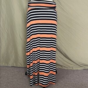 Summer stripe fold over long rayon spandex maxi skirt navy orange white M